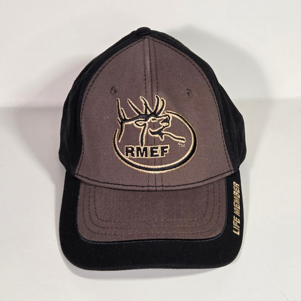 RMEF Rocky Mountain Elk Foundation Hat Life Member Cap Black Brown Leather Strap